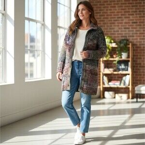Kensie Chunky Cardigan Small Button Front Wool Longline Marled Lagenlook Coat